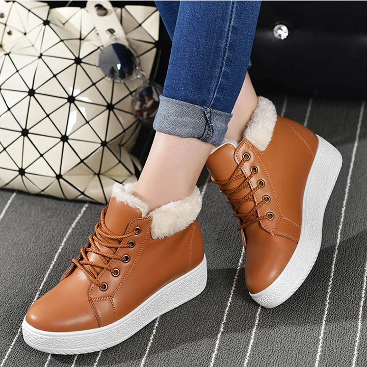 Fashion Short Snow Boots Girls With 3cm Platform Black Brown Warm Fur Winter Ankle Boots For Women Lace Up Med Heels Shoes Woman (11)