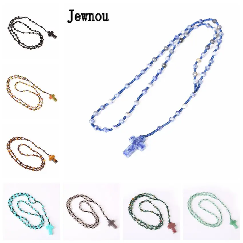 Ожерелье Jewnou Blue-veinstone Religioso с натуральным камнем Аметист крест бусина-подвеска