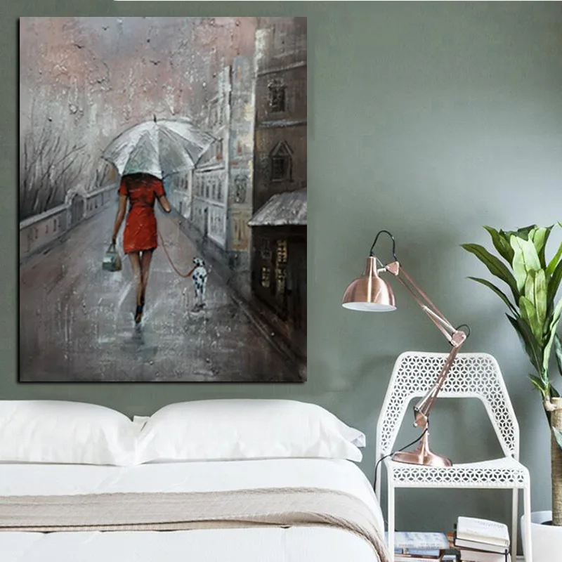 HD Print Wall Art Romance Couple Rain Day Street Landscape Poster Oil Painting on Canvas Modern Wall Picture For Living Room