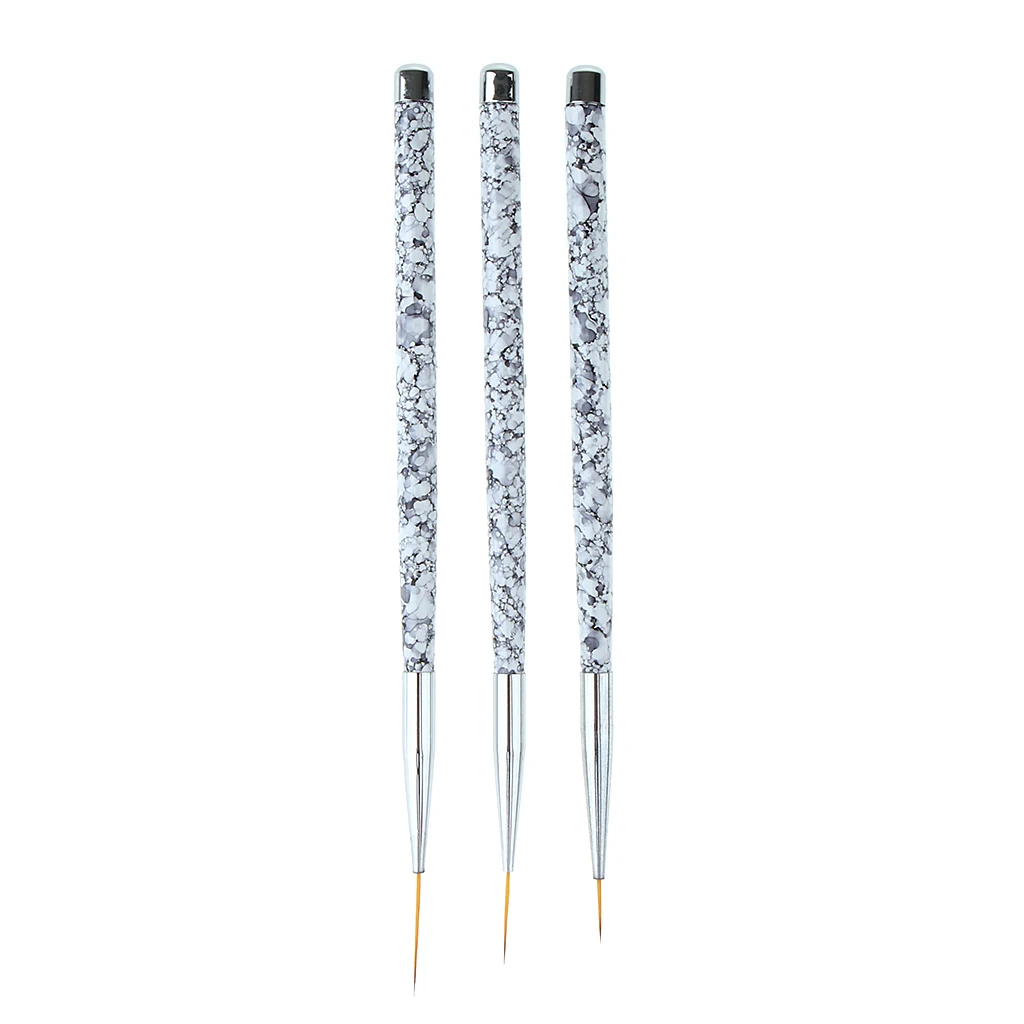 3Pcs Nail Art Liner Brush Pen Set (11/15/20mm) Marble Pattern Handle Salon Nail Fine Drawing Flower Painting Brushes