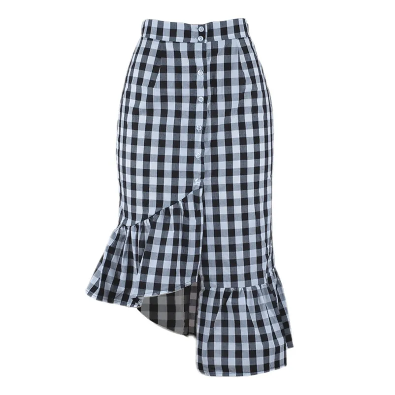 New Fashion 2018 Summer style skirts womens Plaid Casual Ruffled Button Party Slit High Waist Mid-Calf Skirt Femme Saia Y18#N (12)