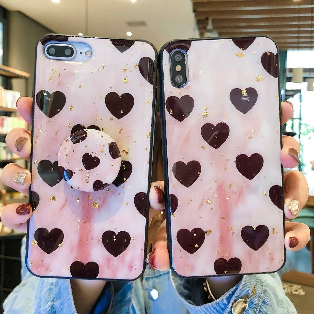 

FastDeng Love Heart Pattern Epoxy Phone Case For iPhone 6 6s 7 8 Plus Case Fashion Cute Bracket Case For iPhone X XR XSMax Case