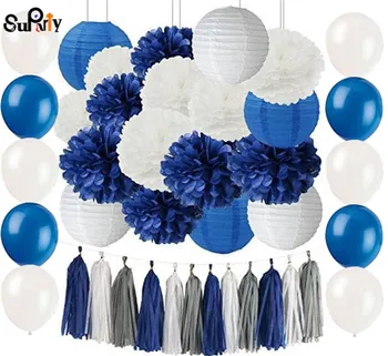 

1 Set Navy Blue White Tissue Pom Poms Paper Flower Hanging Paper Lantern Ball Wedding Birthday Girl Baby Shower Nursery Decor