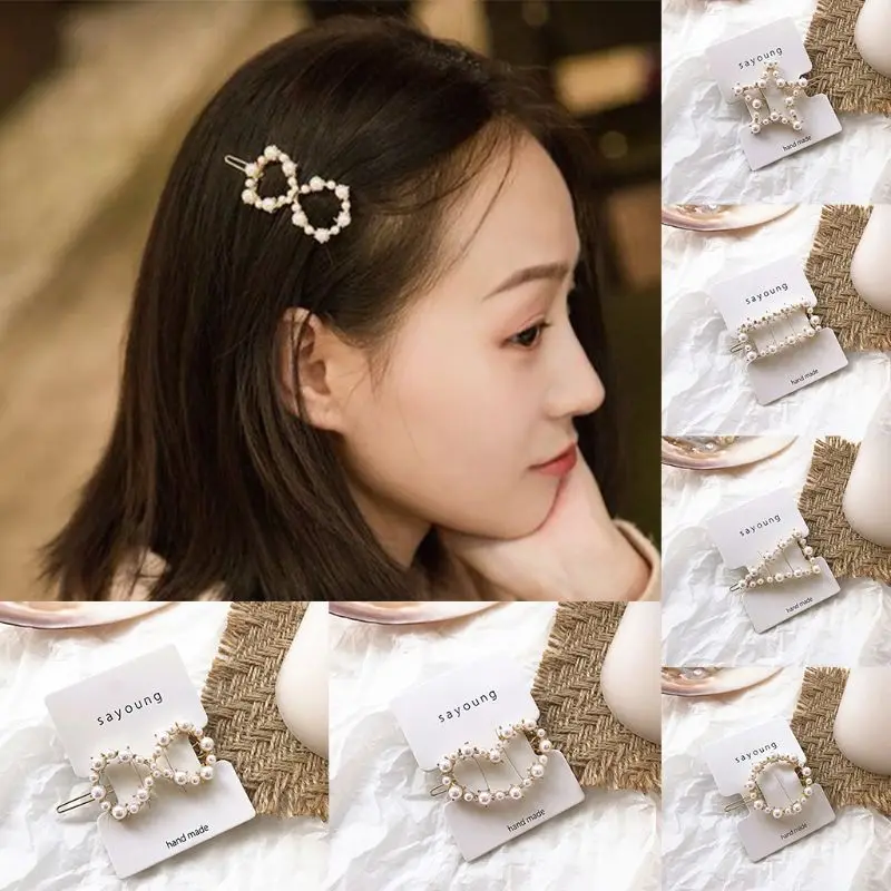 

1PC Glitter Metal Alloy Side Hair Clip Luxury Faux Pearl Embellishment Hairpin Bowknot Geometric Shape Barrettes Women