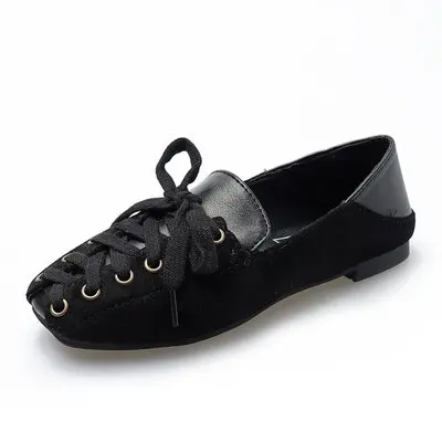 EOEODOIT модные Повседневное кроссовки квадратный носок обувь из кусочков кожи на шнуровке Для женщин обувь на плоской подошве универсальные новинка, обувь на плоской подошве - Цвет: black