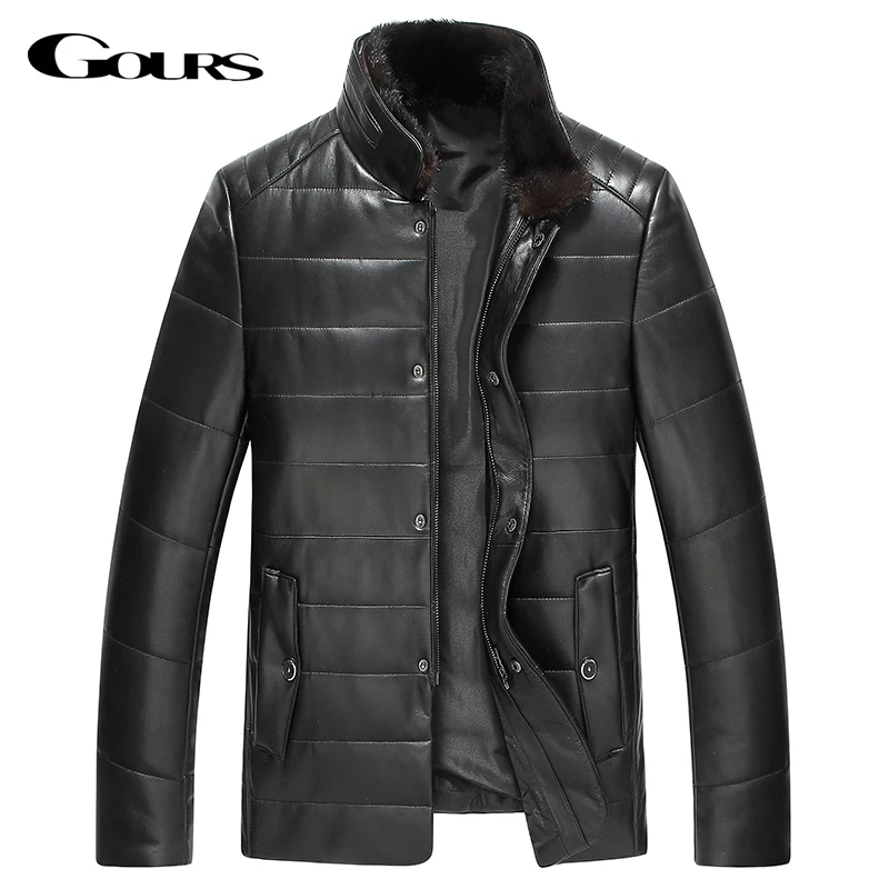 Gours Winter Genuine Leather Down Jacket for Men Fashion Brand Black