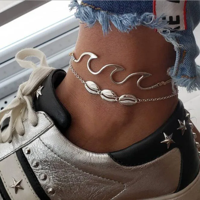 

Boho Beach Wave Shell Anklet Silver Bracelet for Women Fashion Charms Ankle Bracelet Chain Anklets for Female Enkelbandje