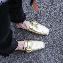 Svonces/Женская обувь из натуральной кожи золотистого цвета г., весенние туфли на плоской подошве с пряжкой, шлепанцы с круглым носком для вечеринки женская обувь без застежки