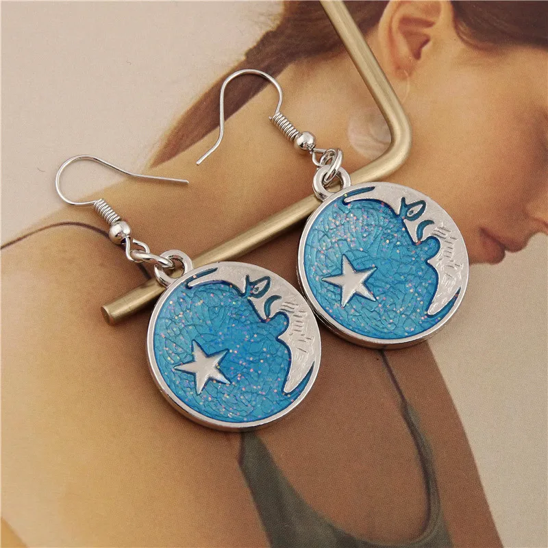 

1Pair Round Bule Star And Moon Earrings Night View For Women Birthday Gift Jewelry Accessories E2536