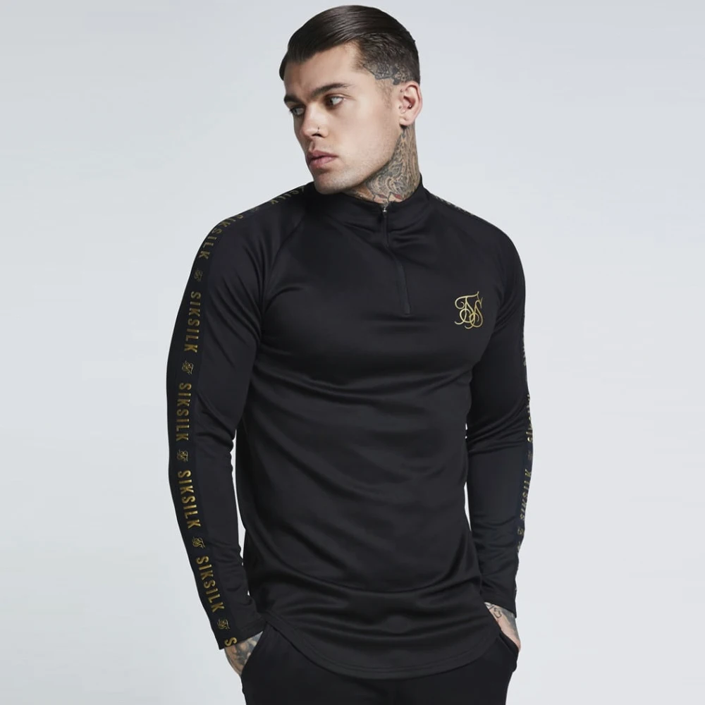 Goedkoop Nieuwe Mode Mannen Sik Zijde Borduurwerk Effen Kleur Elastische t shirt Hoge Rits Kraag Elastische Lange Mouwen Mannen Slim casual T shirts