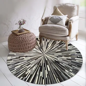 

Round 3D Carpet Geometric Striped Rugs Back and White Gray Simple Abstract Pattern Mat for Study Living Room Bedroom