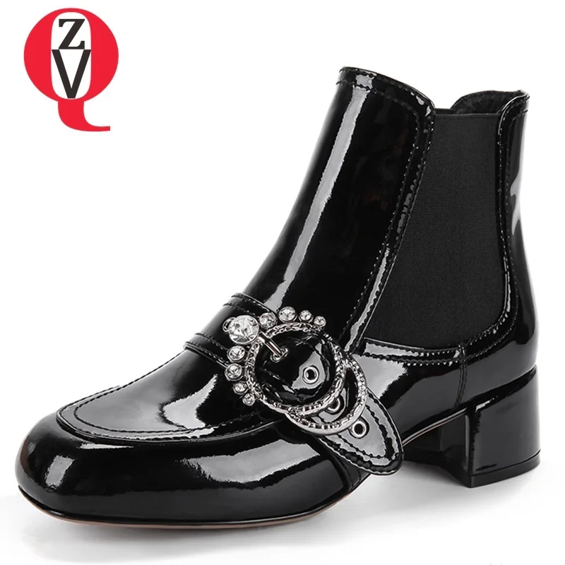

ZVQ women shoes 2018 winter new fashion square toe med hoof heels genuine leather metal decoration elastic band ankle boots
