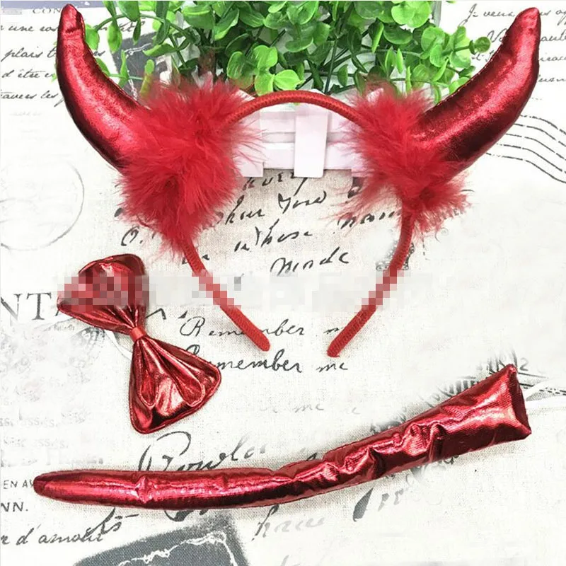 Red Furry Devil Set Horns Bowtie Tail Headband Fancy Dress Halloween Party