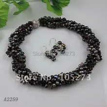 Потрясающее! 5row AA 7-8 мм гранат и Черный подлинный пресноводный жемчуг ожерелье магнит горного хрусталя застежка ожерелье серьги A2259