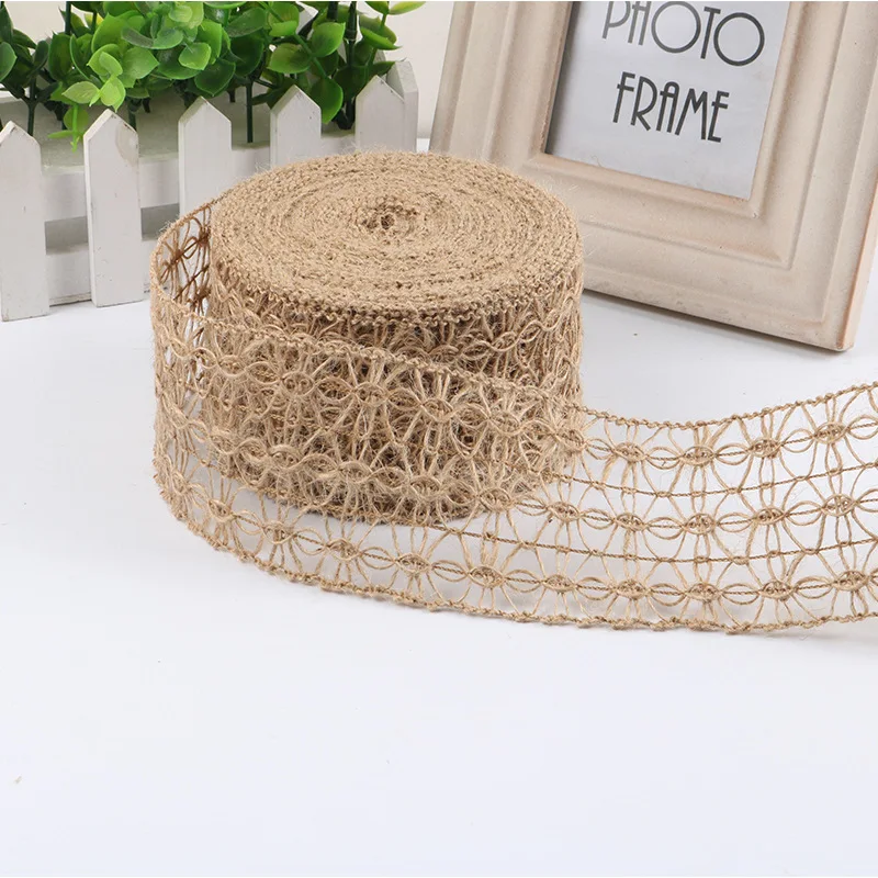 2m/Roll Wide 7cm Hollow Design Natural Hessian Jute Twine Burlap Ribbon Christmas Home DIY Decoration Rustic Wedding Decor