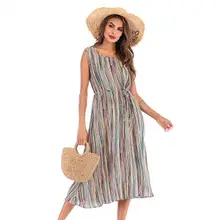 Summer 2019 New European and American Foreign Trade Explosion Round-necked Sleeveless Strip Printing Lace Dresses Summer 2019 New European and American Foreign Trade Explosion Round-necked Sleeveless Strip Printing Lace Dresses