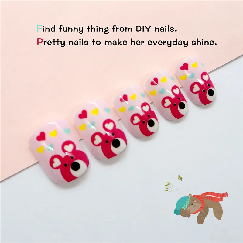 

Press on Kids Nails with Designs 24PCS Pink Bear Cartoon Pre-glue Kids Short Fake Nails Art Safety for Children DIY