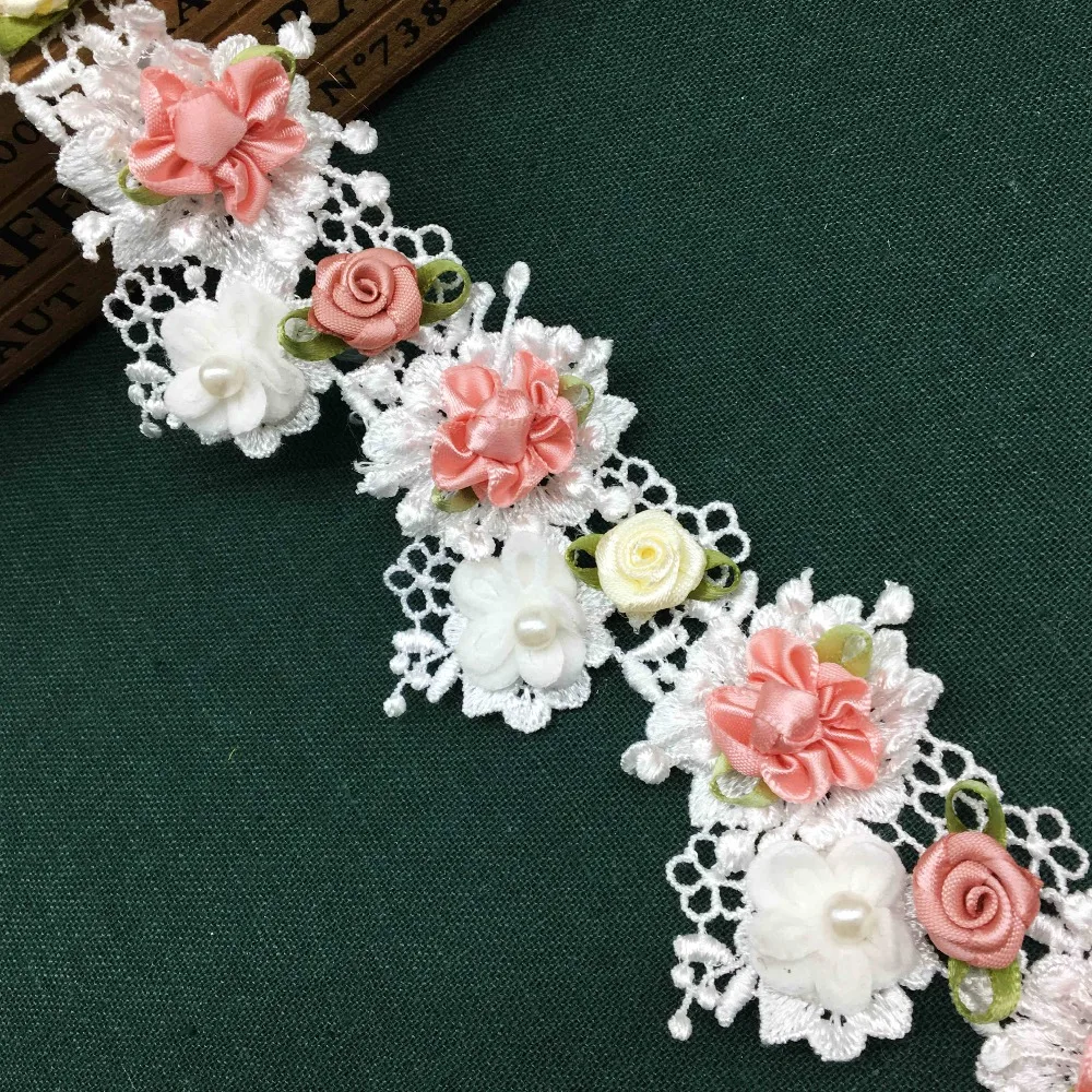 

1 yard Colorful Pearl Rose Flower Embroidered Guipure Lace Trim Ribbon Fabric Handmade Sewing Craft For Costume Hat Shoes Decor