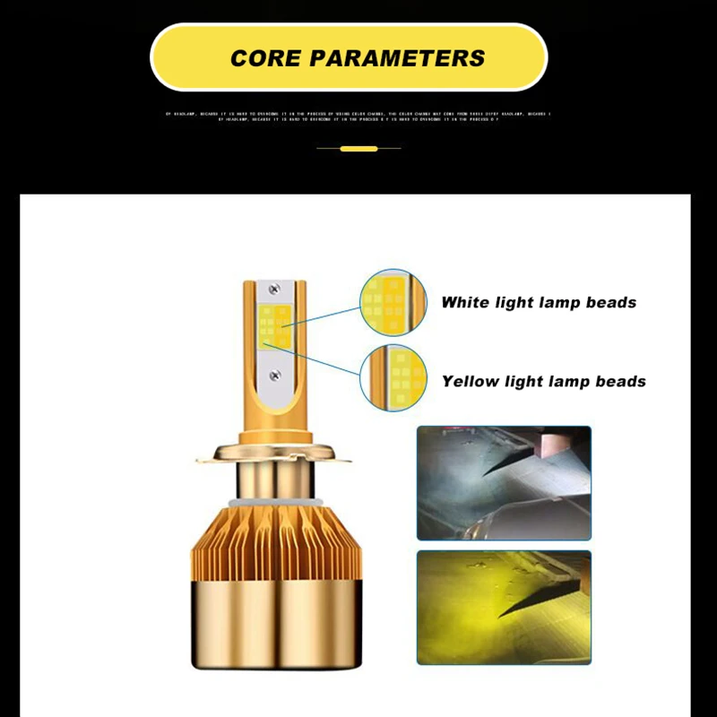 Car-Led-headlights-Two-color-warm-yellow-white-light-car-H11-H7-H4-fog-light-bulb(5)