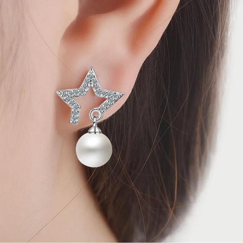 

PINKSEE 1 Pair Asymmetry Star Crystal Stud Earrings Rose Silver Color Fashion Jewelry Women Wholesale