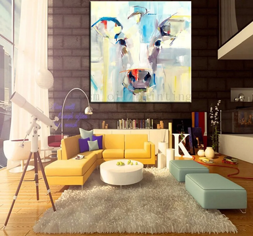 High Quality Hand Painted Modern Abstract Fine Wall Art Decor Animal Cow Canvas Picture Handmade Bull Palette Knife Oil Painting | Дом и сад