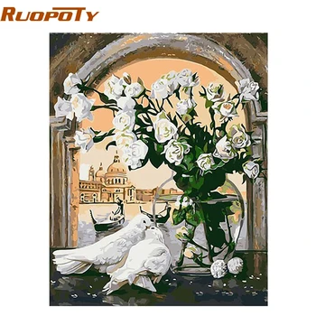 

RUOPOTY diy frame White Pigeons DIY Painting By Numbers Modern Abstract Oil Painting Home Decor For Living Room Wall 40x50cm