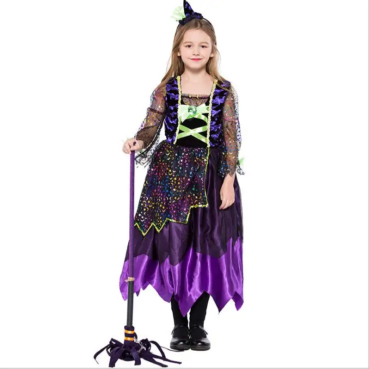 

Kid Girls Halloween Witch Costume Princess Long Purple Pleated Dress Festival Clothes Gift Sparkle Outfit For Children S-XL
