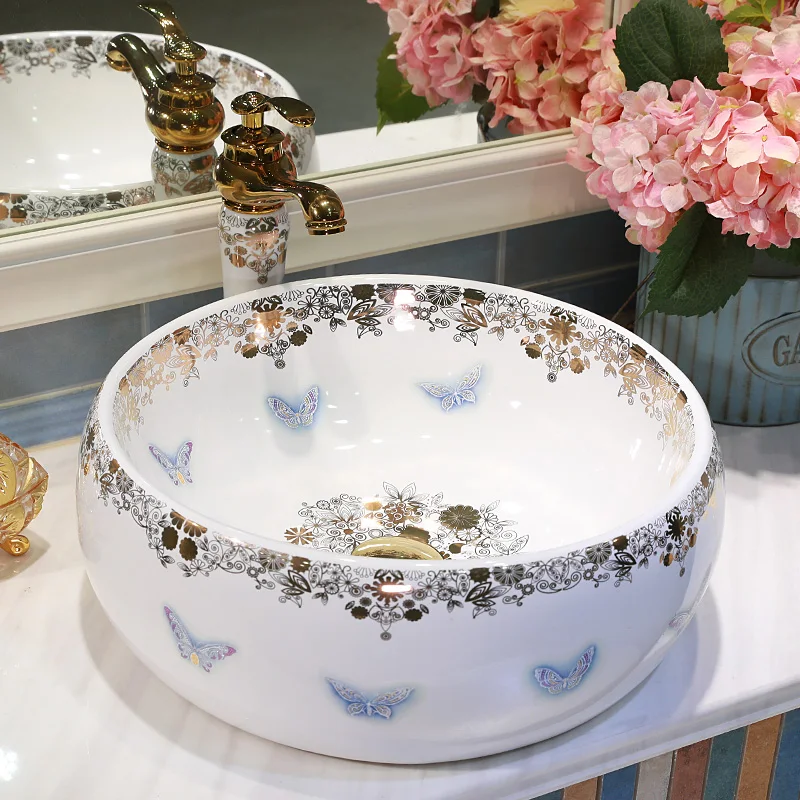 Бабочка фарфоровая гардеробная круглый умывальник Lavabo столешница черная раковина сосуд ванная комната ручная краска искусство мытье чаша шампунь
