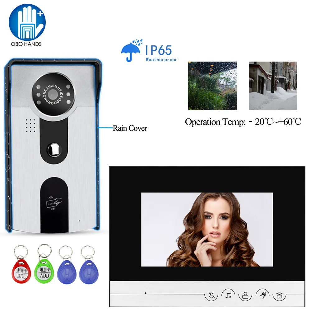

RFID Video Intercom System 7'' TFT Color Screen IR CMOS Outdoor Camera with Door Bell 2 Monitor Metal Waterproof 700TVL for Home