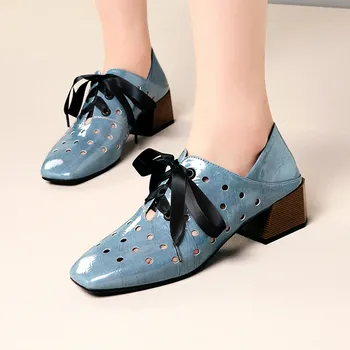 

YMECHIC Summer 2019 Genuine Leather Block Heels Blue Beige Riband Cross Strap Womens Shoes Square Toe Hole Pumps Mules Woman