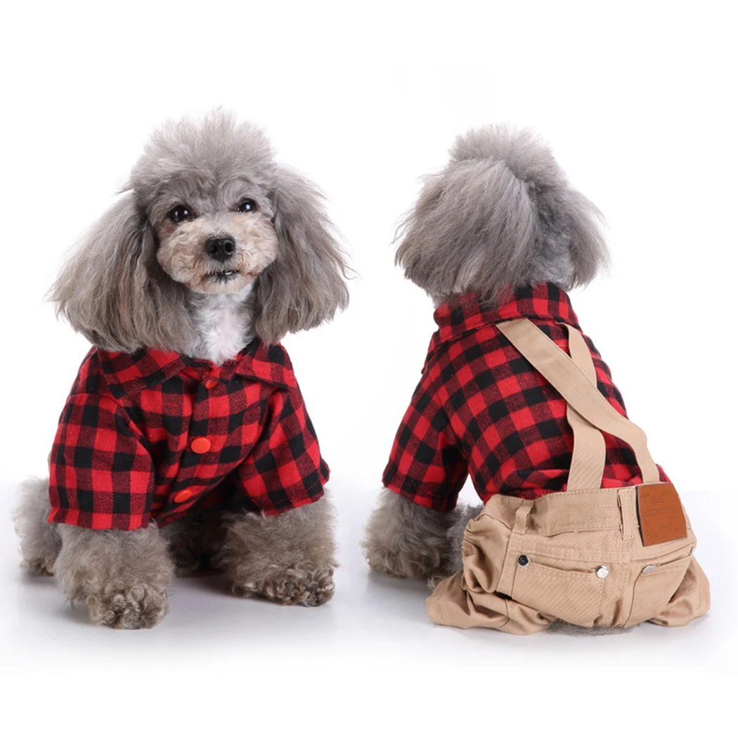 Pet Clothes for Dogs Cat Red Plaid Shirts Sweater with Khaki Overalls