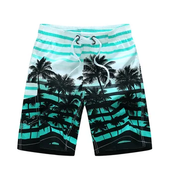

Men's Quick Drying Striped Beachwear Bermuda Board Shorts Polyester Coconut Trees Pattern Man Sunbathing Suit Male Bottoms