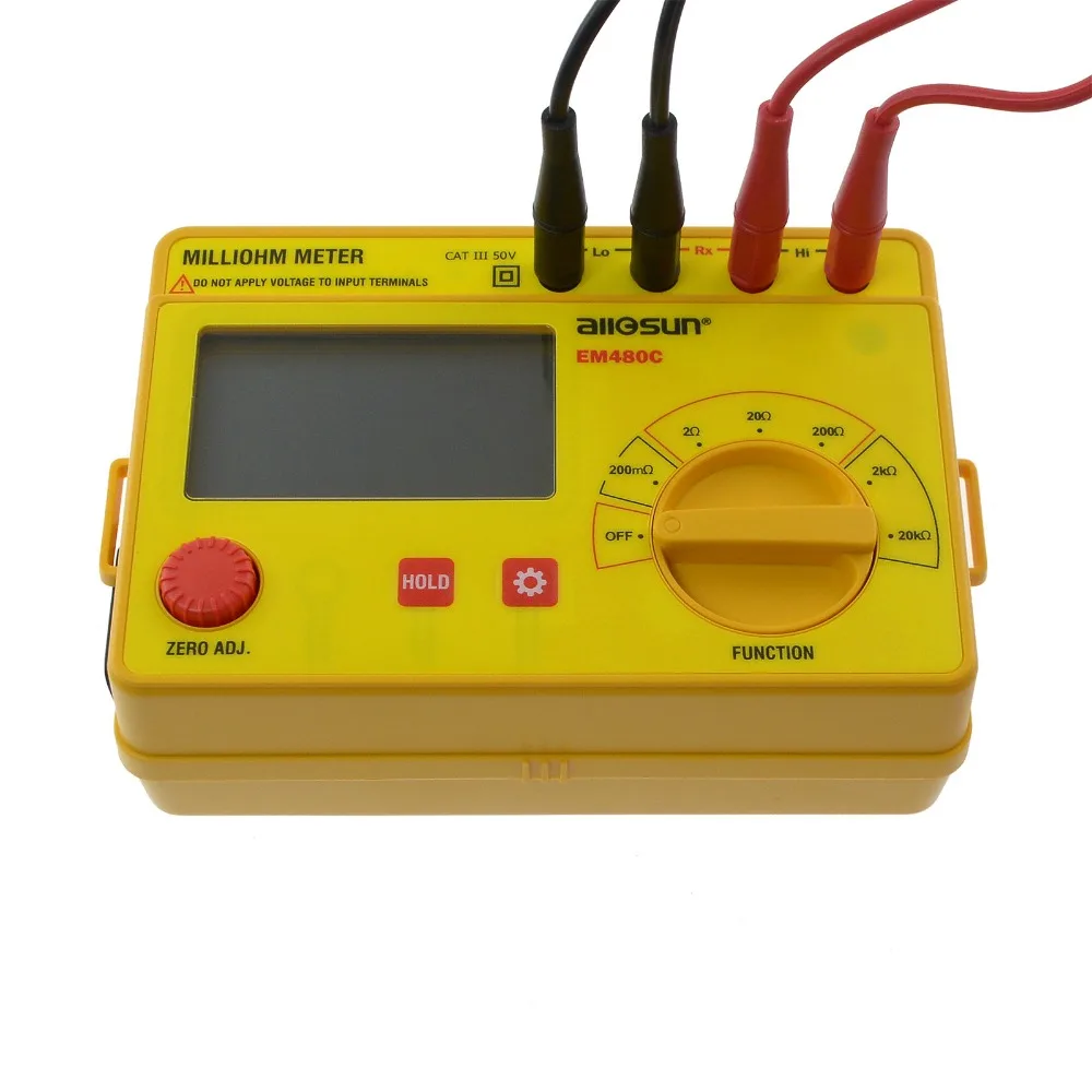 ALL SUN Yellow Milliohm Meter LCD 0.1M -20K w 6 pozycjach dokładny szeroki zakres pomiarowy miernik rezystancji EM480C