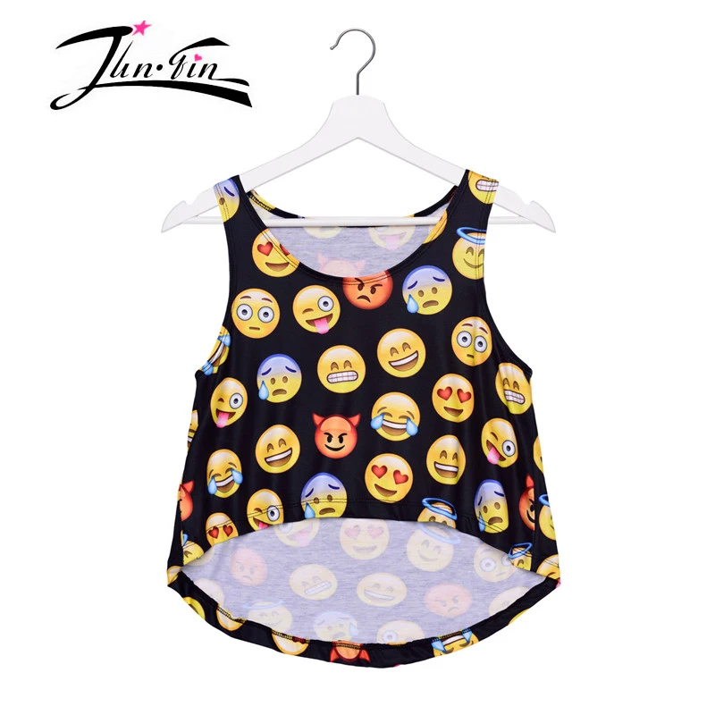 

BLACK EMOJI printed tank top 2016 fashion alien summer 3d halter top women tank crochet bustier short female Casual Tee Tops