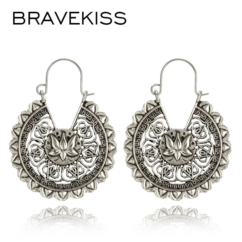 

BRAVEKISS Vintage Lotus Flower Round Hoop Earrings For Women Ethnic Sliver Color Boho Earrings 2019 Fashion Jewelry BPE1429