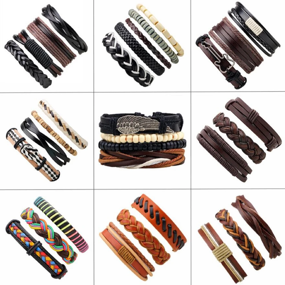 

BRT0032 Amazon Hot Sell Like Hot Cakes Jewelry Alloy Wing Feathers Bracelet Wooden Bead Weaving Beaded Leather Bracelet