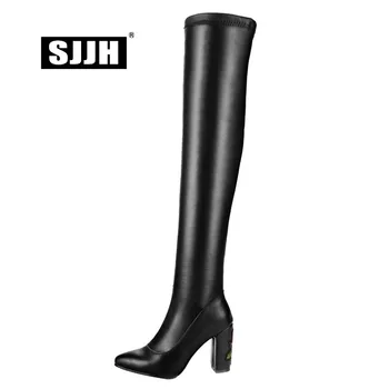

SJJH Women Embroider Long Boots with Point Toe Chunky Slip-on Short Plush Over-the-Knee Boots Fashion Sexy Shoes Large Size Q601
