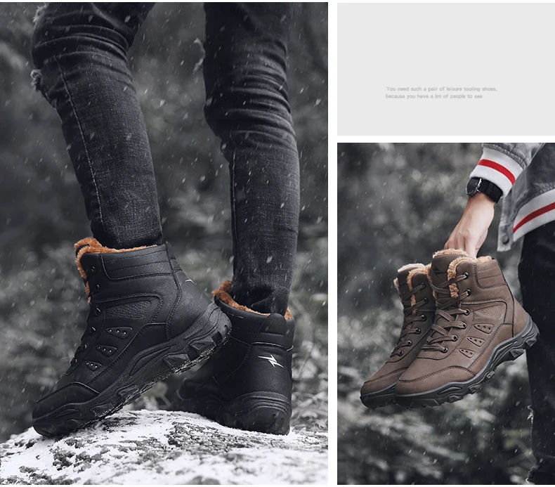 Men's Snow Boot Winter Casual Shoes With Fur Snow Boots Men Waterproof PU Leather Warm Men Winter Boots Mens Ankle Big Size 11   (2)