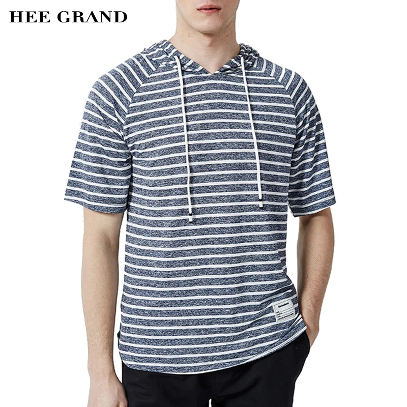 

HEE GRAND Men Short Sleeve T- Shirts 2018 New Arrival Hooded Comfortable Slim Striped Typical Men Top Tees MTS1952