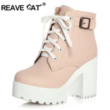 REAVE CAT/3 цвета; зимние пикантные женские ботинки на шнуровке; Модные Черные ботильоны на платформе с высоким квадратным каблуком и пряжкой; большие размеры 34-43