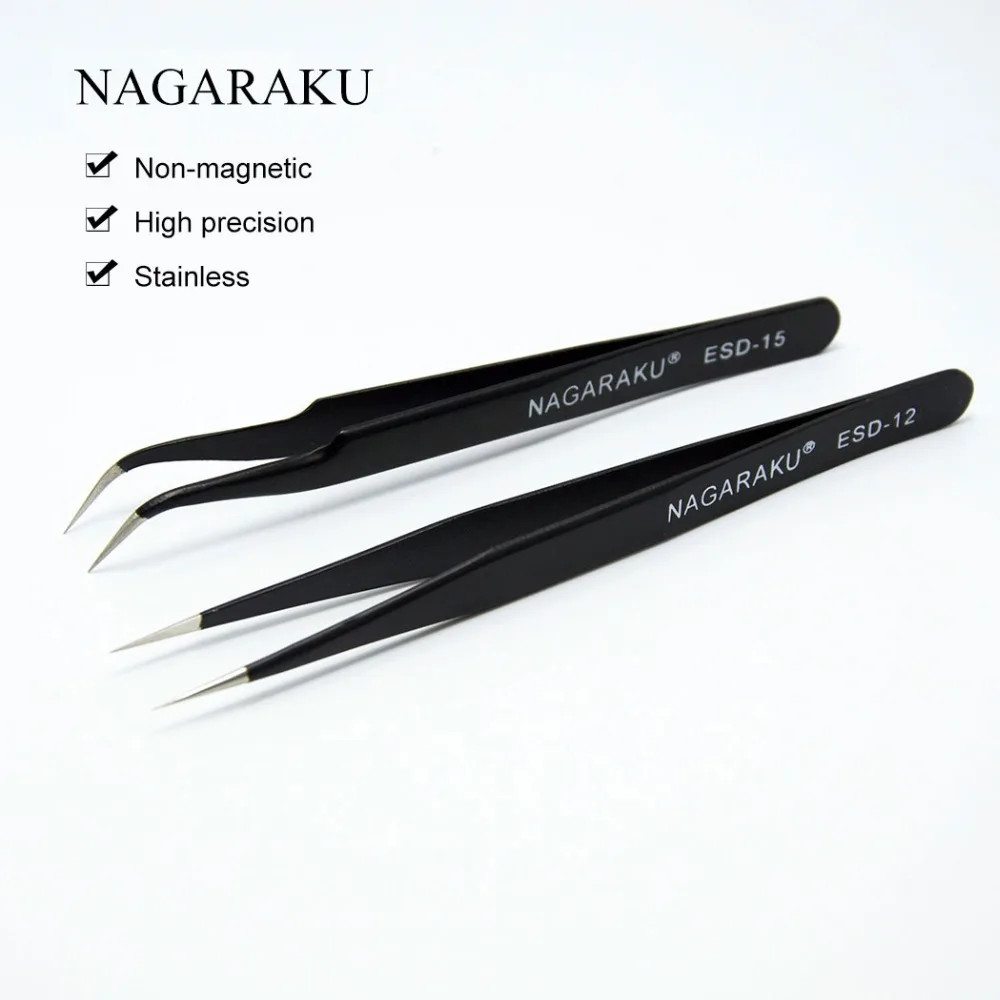 NAGARAKU 2pcs set,stainless non eyelash extension tweezers