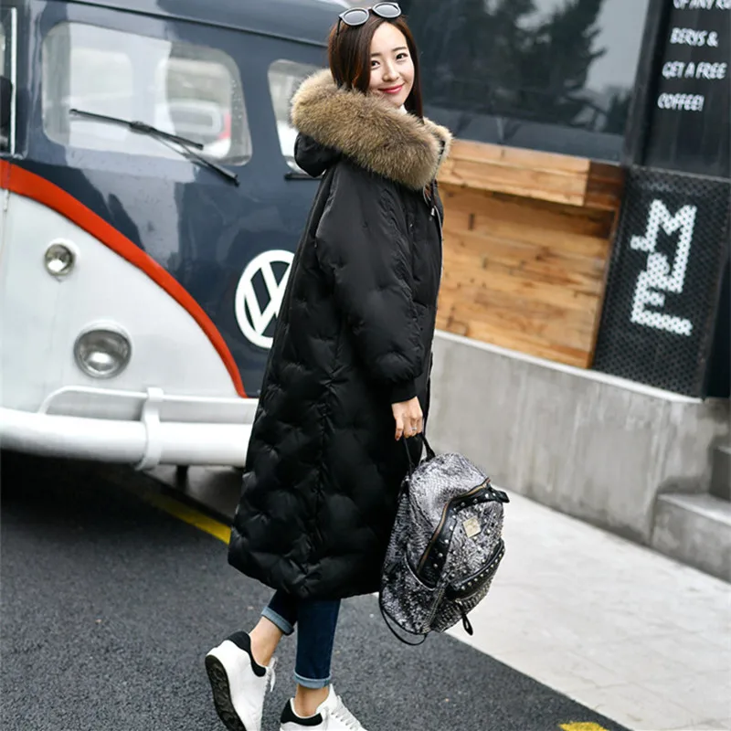 XSJPZH Down Jacket Woman Hooded 2018 Winter Extra Large Women's Long Section Full of Stars Thick Scorpion Fur Collar Coat SH177