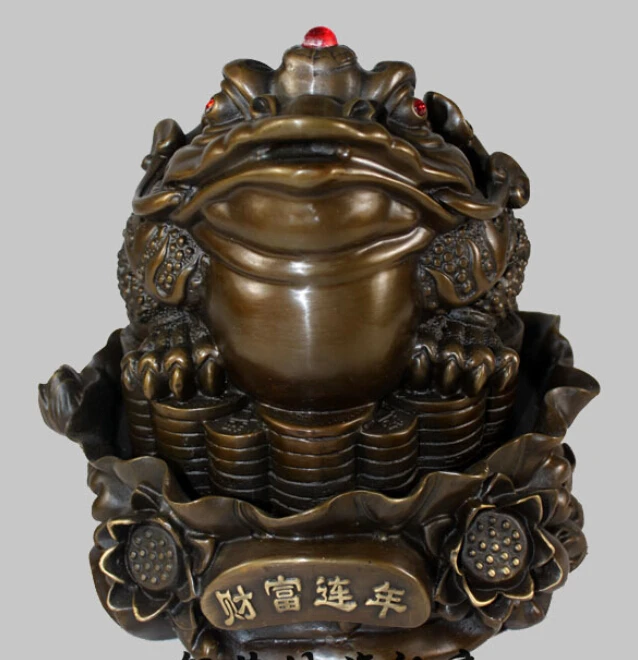 

8" China Folk Bronze Yuanbao Coins Wealth Golden Toad Frog Statue Bronze R0712