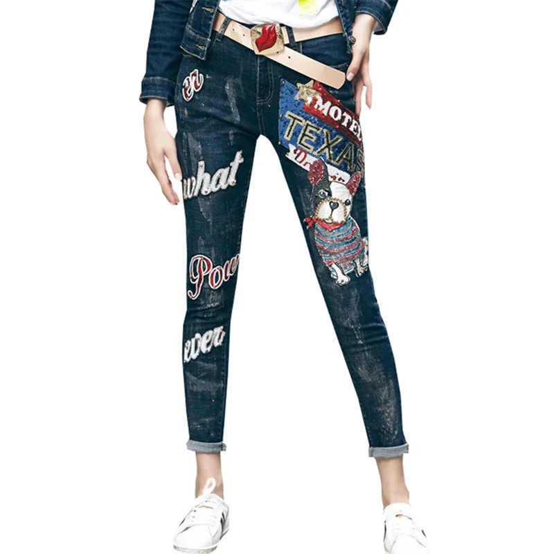 

New Arrived Fashion 2018 Jeans With Sequined Pattern Letter Print Pencil Pants Jeans High Quality Woman Skinny Denim