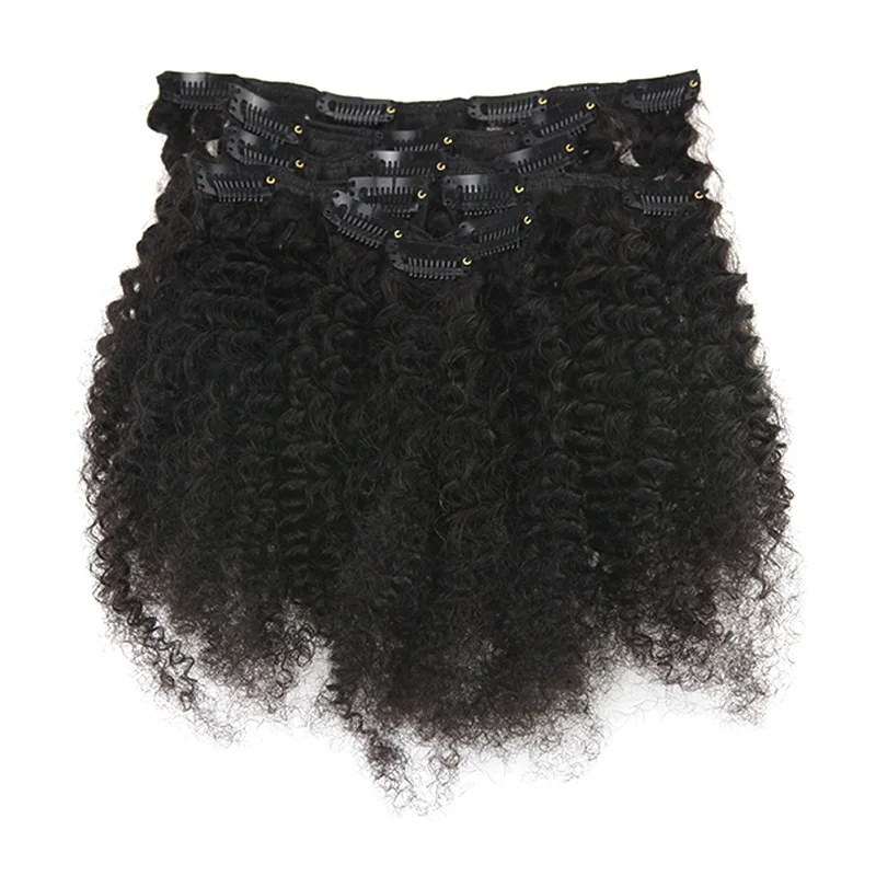 Najtaniej Pełny połysk Afro kręcone klip w doczepy z ludzkich włosów 100% Machine Made Remy HairFor Afro kobiety naturalny czarny kolor 7 sztuk 100 Gram