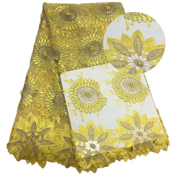 

Yellow color African Lace Fabrics Embroidered Nigerian Guipure Cord Lace Fabrics High Quality French Lace Fabric With Stones