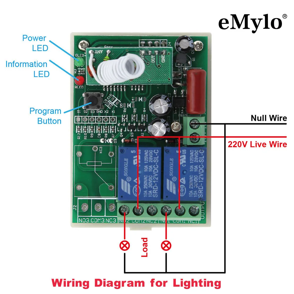 EMylo 220V-230V-240V 1000 Вт 2 канала 433 МГц Беспроводной RF пульт дистанционного управления Светодиодный лампа светильник переключатель реле Белый передатчик приемник