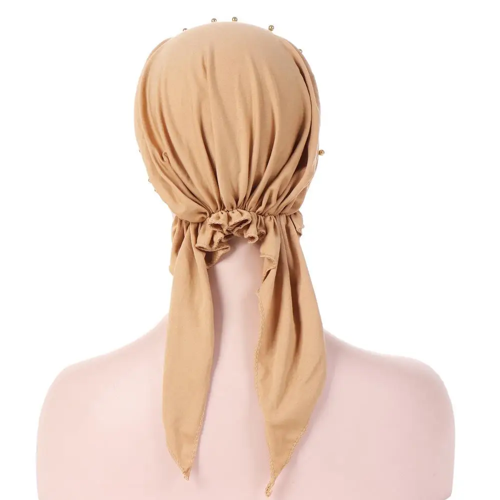 Muslim Beading Hijabs Islamic Turban Headscarf Long Tail Bandanas Hair Loss Hat Stretch Arab Chemo Cancer Cap Wrap Bonnet Beanie