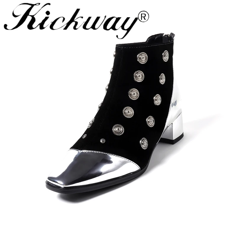 

Kickway winter women motorcycle boots Fashion wild couple boots cow suede shoes square toe back zipper med heel plus size 34-43