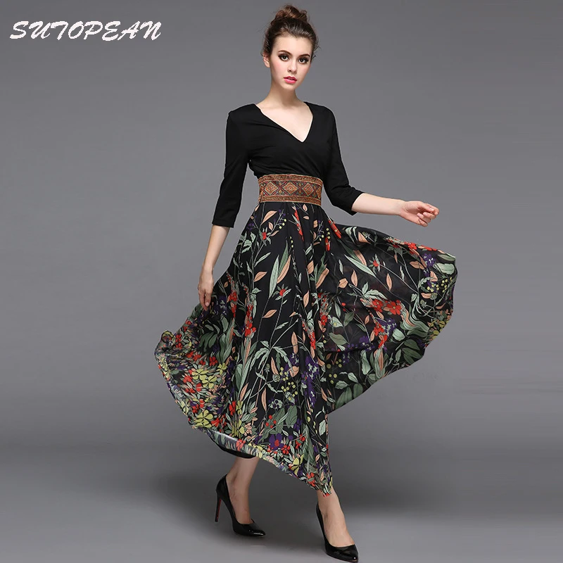 

SUTOPEAN New Fashion Comfortable Women Summer Dress Floral Splice Chiffon Long Dresss Women V Collar Vestidos Jurken Robes